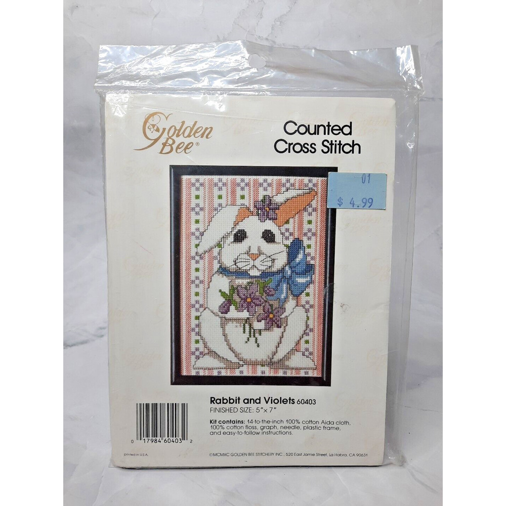 Golden Bee Counted Cross Stitch Kit Rabbit and Violets 60403 5x7 with Frame